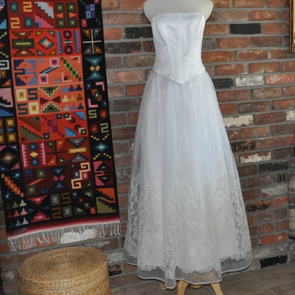 Vintage 90s Scott McClintock Bustier Top, Lace, Crinoline Wedding Grad Dress 6 - Picture 1 of 12